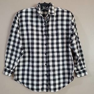 VTG Mission Bay Womens Woven Knit Top Size S Black White Gold Plaid Button Down